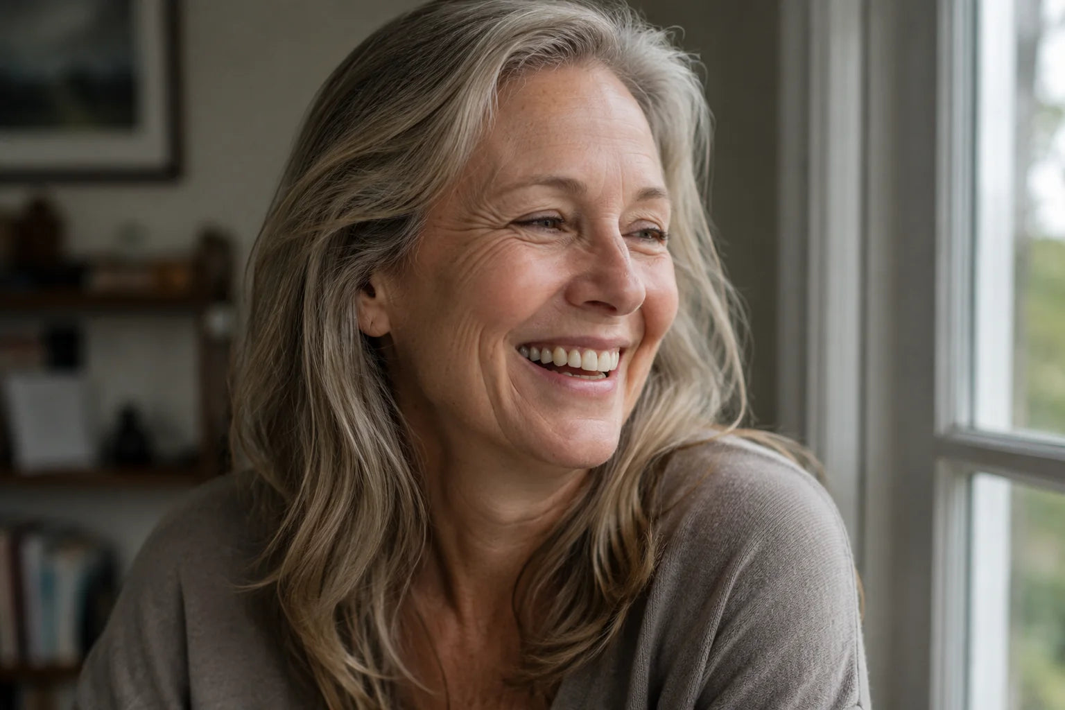 A woman in her fifties laughing at home in natural daylight
