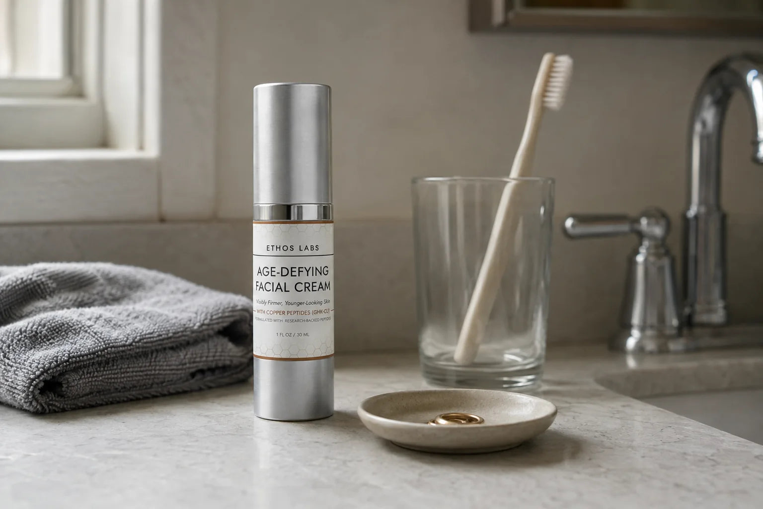 Ethos Labs Age-Defying Facial Cream on a bathroom counter