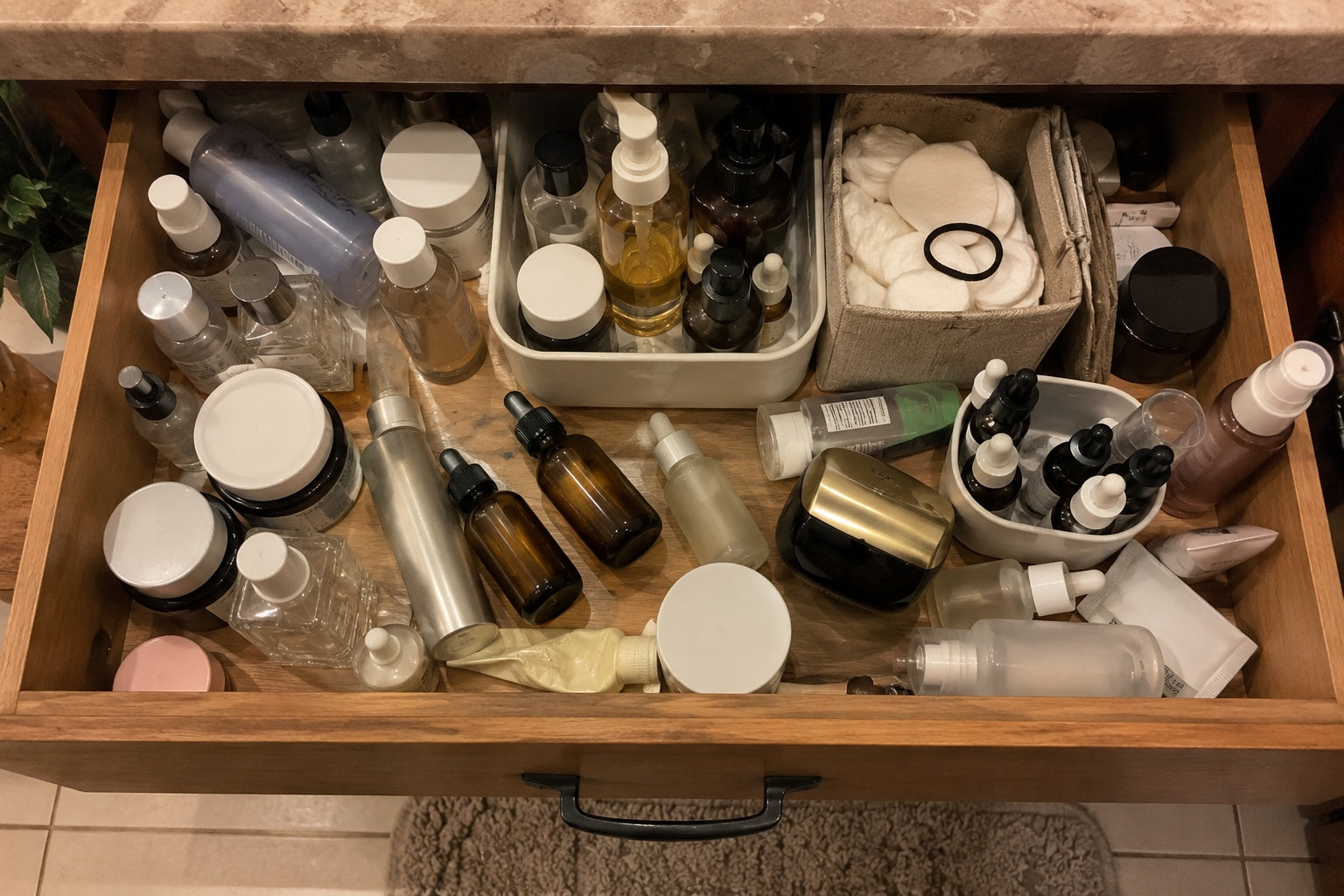 A bathroom drawer crowded with half-used skincare bottles and tubes