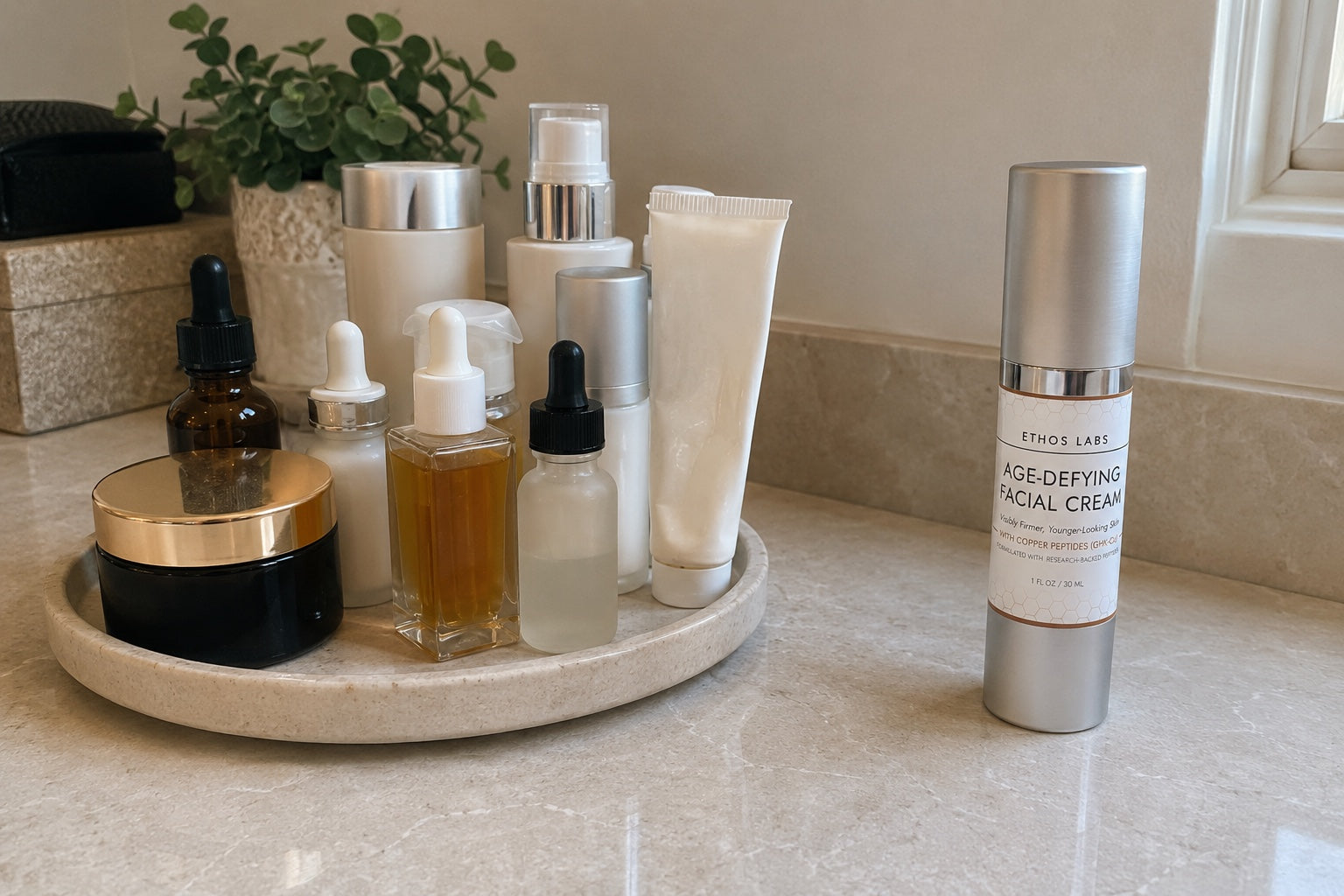 A cluster of expensive generic skincare next to a single Ethos Labs pump bottle