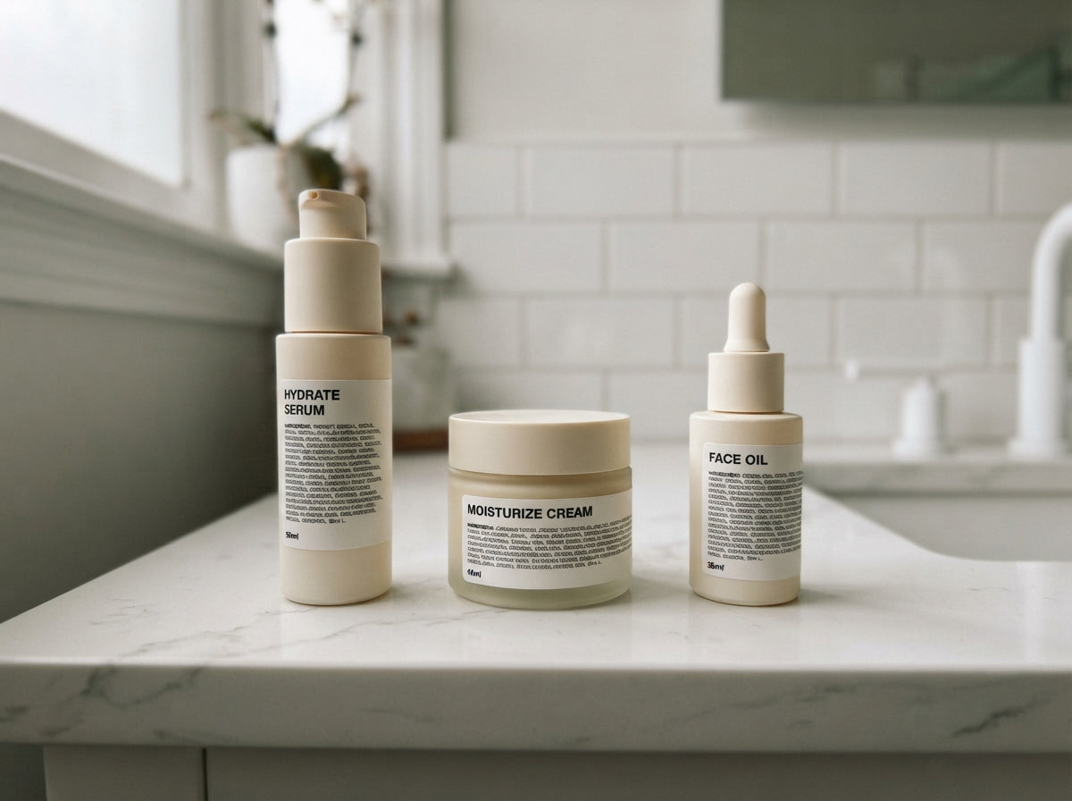 Skincare products on a bathroom shelf