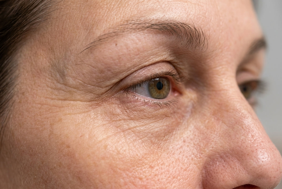 Close-up of the eye area, natural skin texture