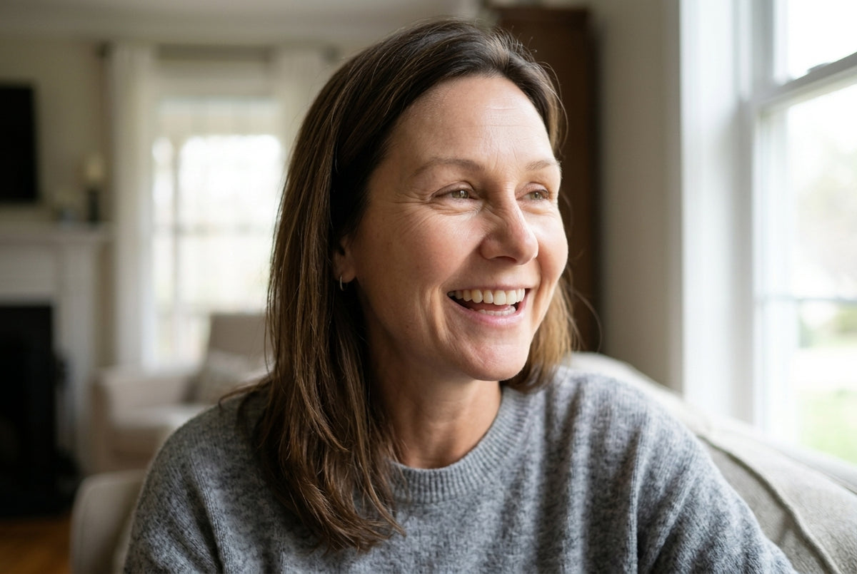 Candid portrait, laughing, ordinary indoor light