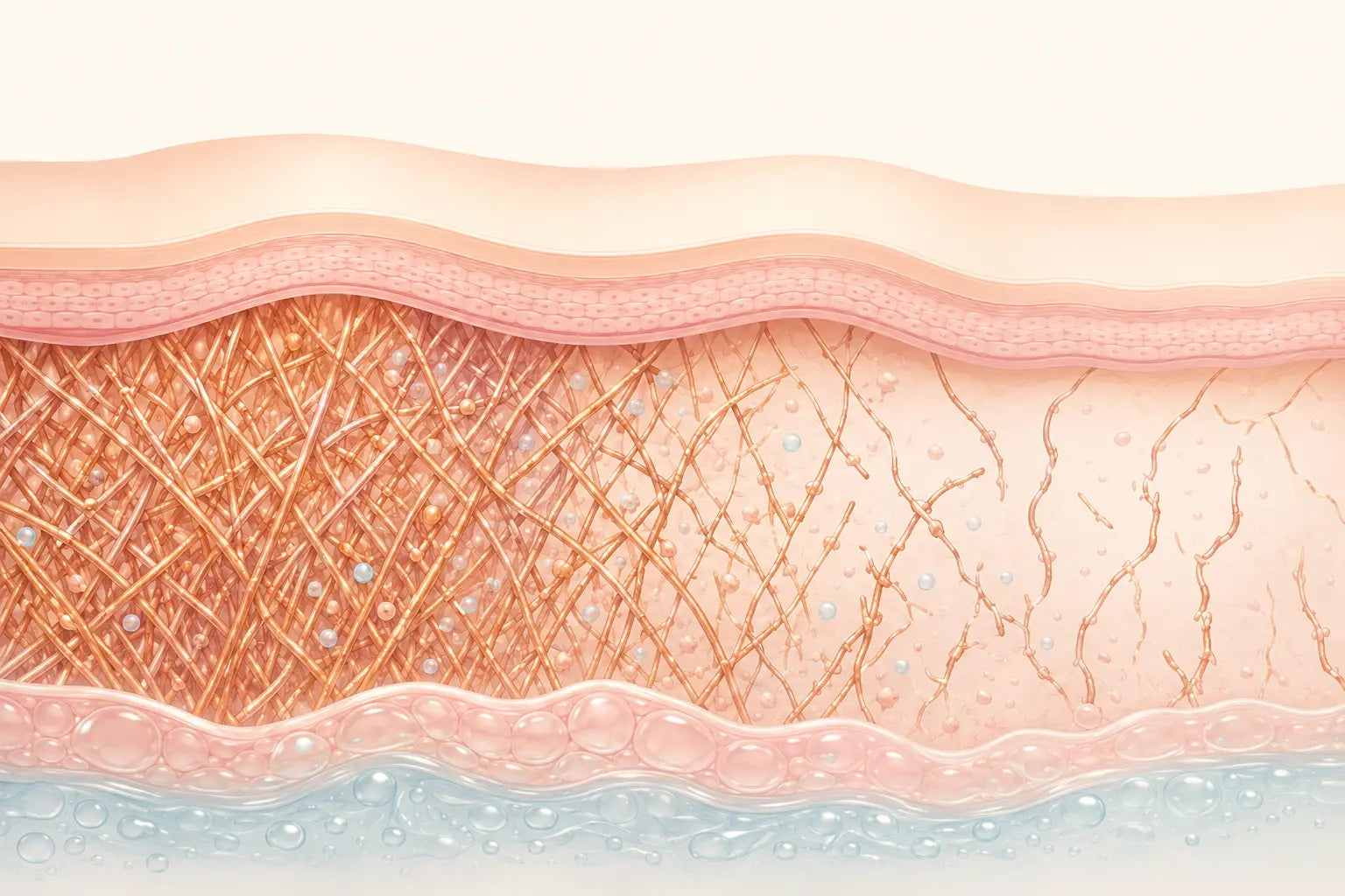 Cross-section illustration of skin showing a dense collagen network thinning out