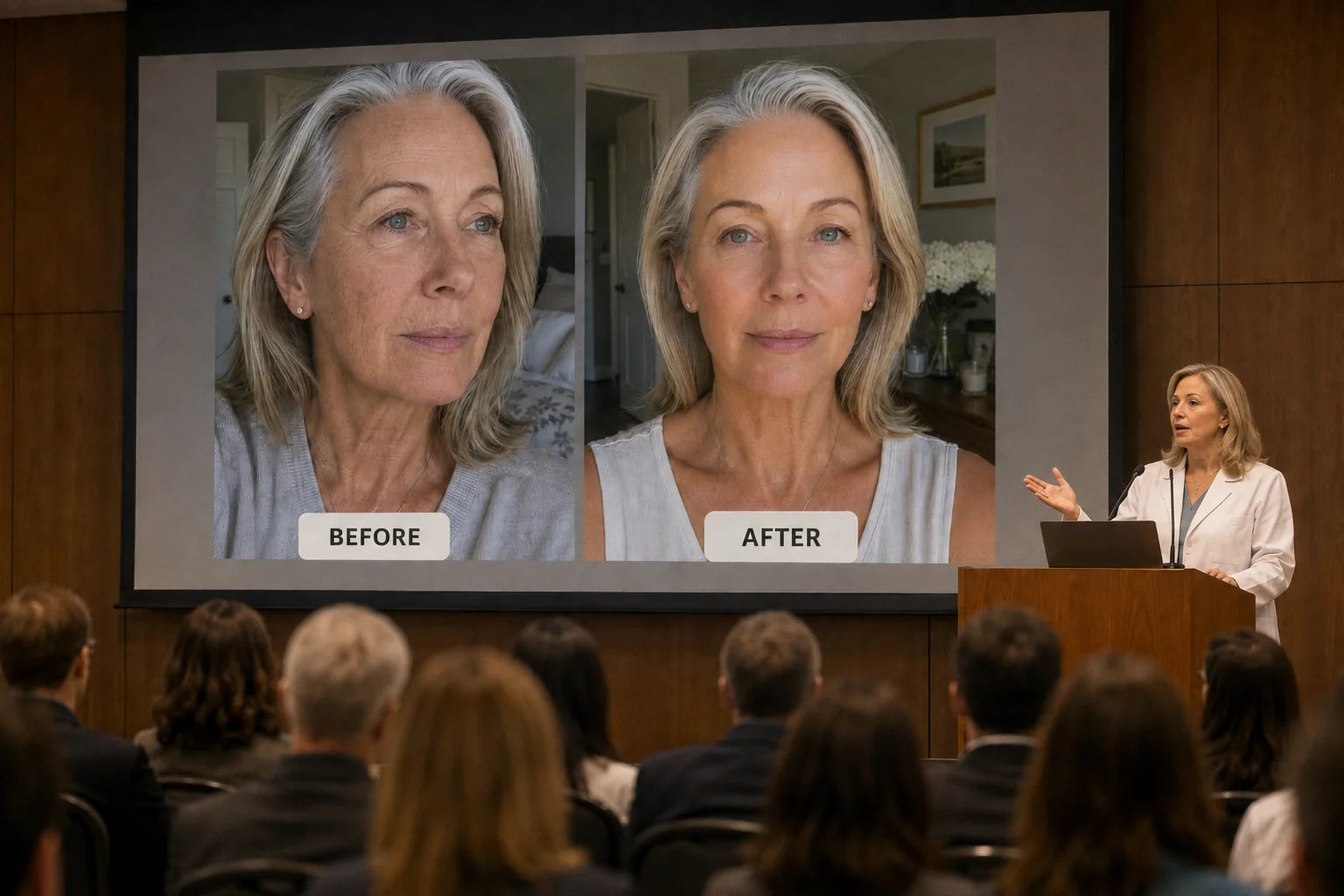Before and after photographs shown during a clinical presentation